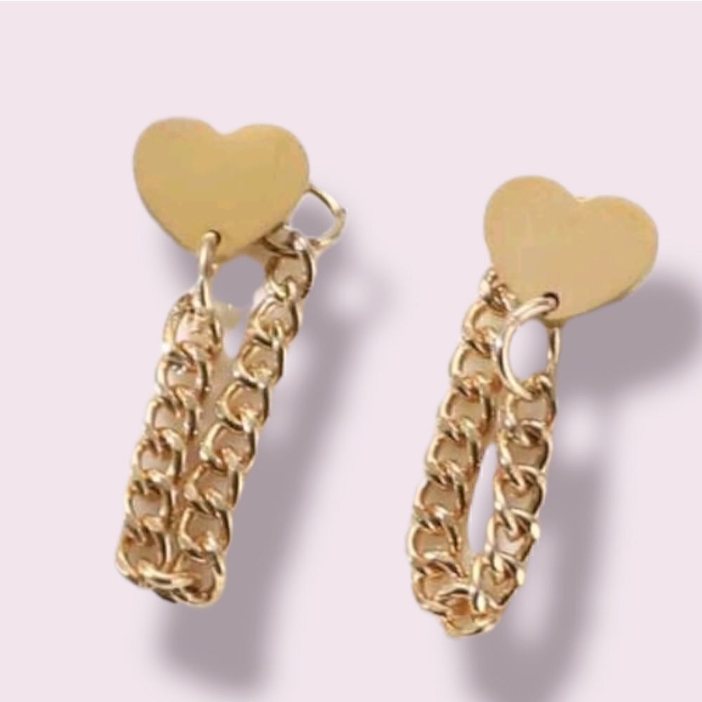 Heart Dangling Chain Stud Earrings